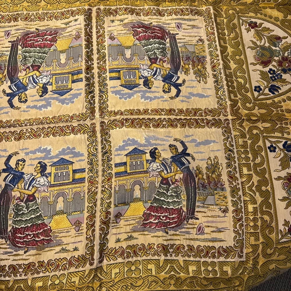 Spanish Tapestry Scarf Sevilla Spain Embroidered Manton Altar Table 48x48 Vtg